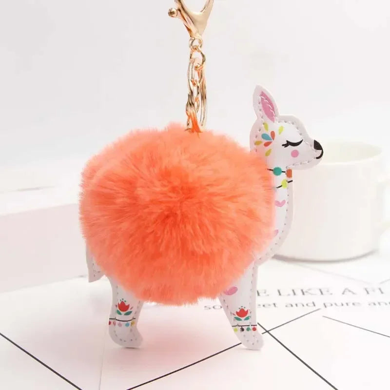 Fluffy Fur Ball Cute Alpaca Keychain Leather Animal Keyring Charm Chaveiros Artificial Rabbit Fur Pompom Key Chain Women Jewelry