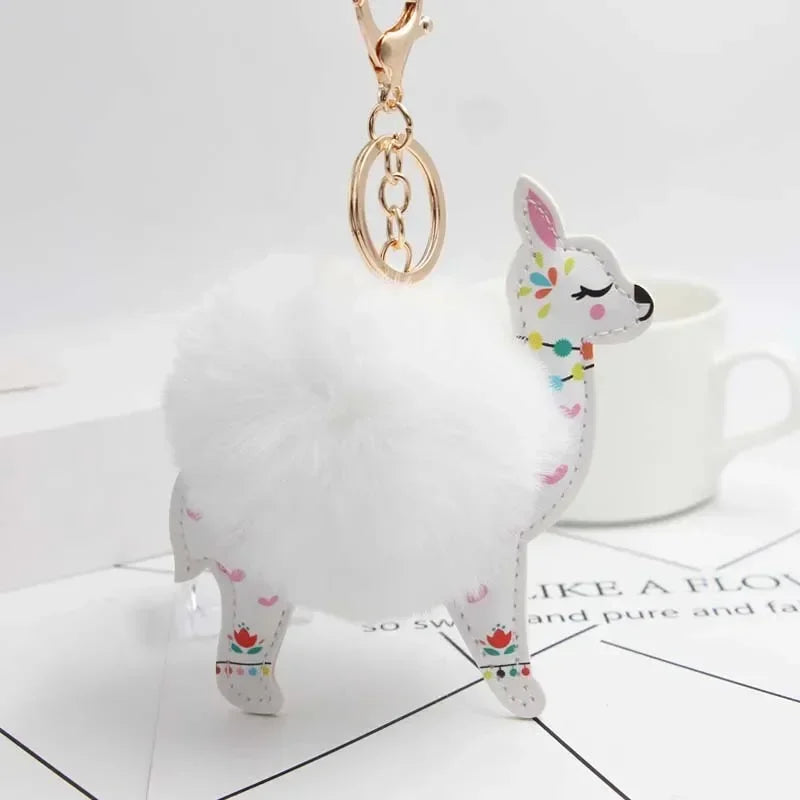 Fluffy Fur Ball Cute Alpaca Keychain Leather Animal Keyring Charm Chaveiros Artificial Rabbit Fur Pompom Key Chain Women Jewelry