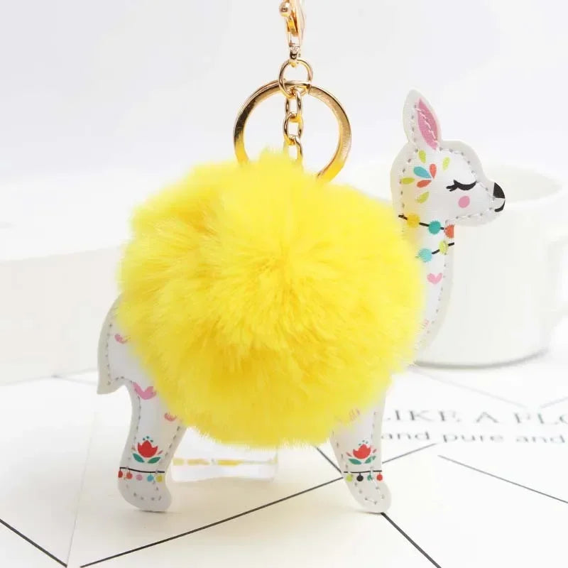 Fluffy Fur Ball Cute Alpaca Keychain Leather Animal Keyring Charm Chaveiros Artificial Rabbit Fur Pompom Key Chain Women Jewelry