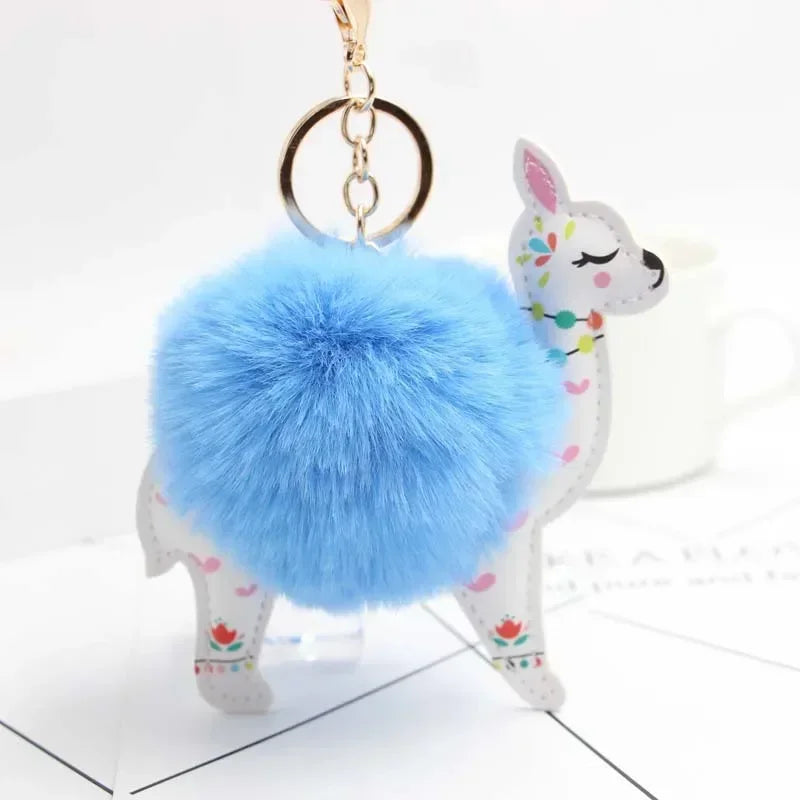 Fluffy Fur Ball Cute Alpaca Keychain Leather Animal Keyring Charm Chaveiros Artificial Rabbit Fur Pompom Key Chain Women Jewelry