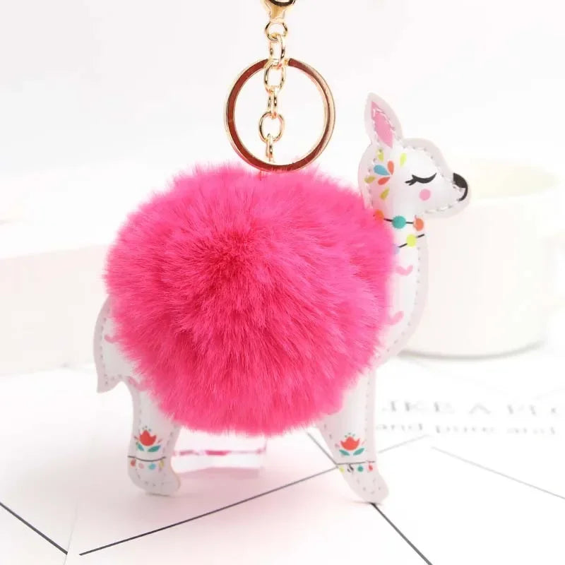 Fluffy Fur Ball Cute Alpaca Keychain Leather Animal Keyring Charm Chaveiros Artificial Rabbit Fur Pompom Key Chain Women Jewelry