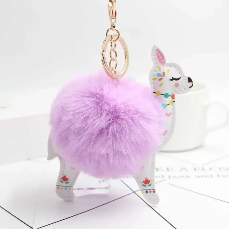 Fluffy Fur Ball Cute Alpaca Keychain Leather Animal Keyring Charm Chaveiros Artificial Rabbit Fur Pompom Key Chain Women Jewelry