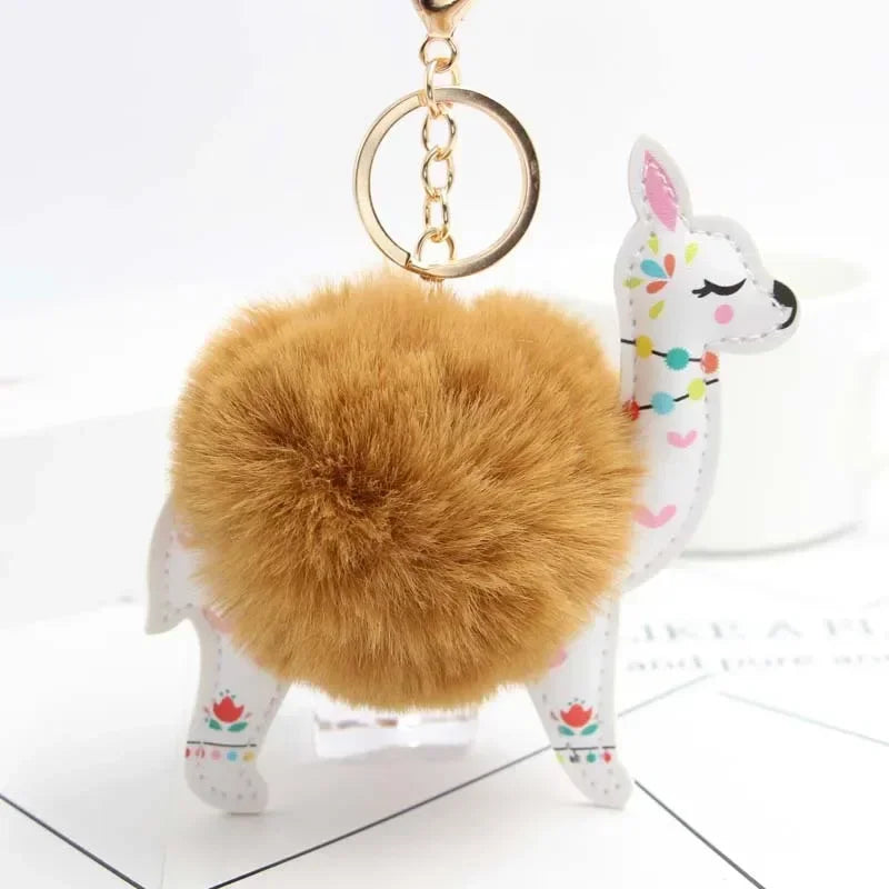 Fluffy Fur Ball Cute Alpaca Keychain Leather Animal Keyring Charm Chaveiros Artificial Rabbit Fur Pompom Key Chain Women Jewelry