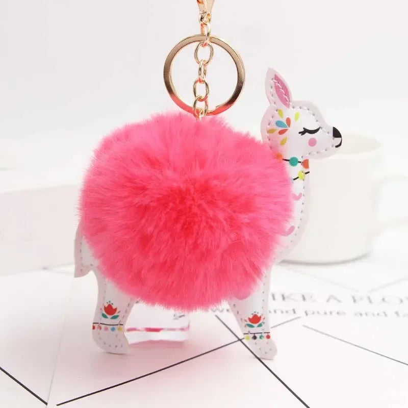 Fluffy Fur Ball Cute Alpaca Keychain Leather Animal Keyring Charm Chaveiros Artificial Rabbit Fur Pompom Key Chain Women Jewelry