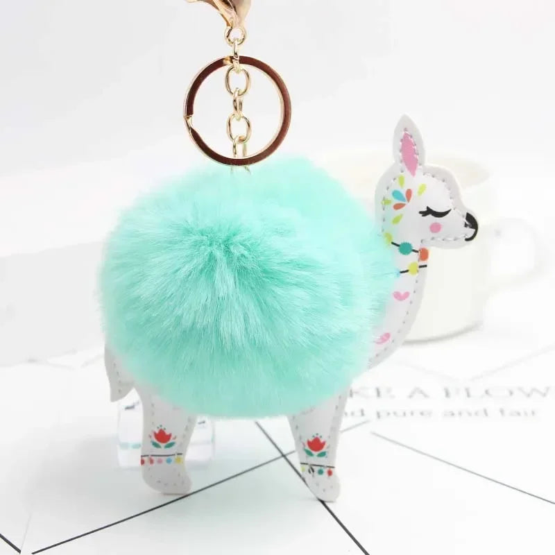 Fluffy Fur Ball Cute Alpaca Keychain Leather Animal Keyring Charm Chaveiros Artificial Rabbit Fur Pompom Key Chain Women Jewelry