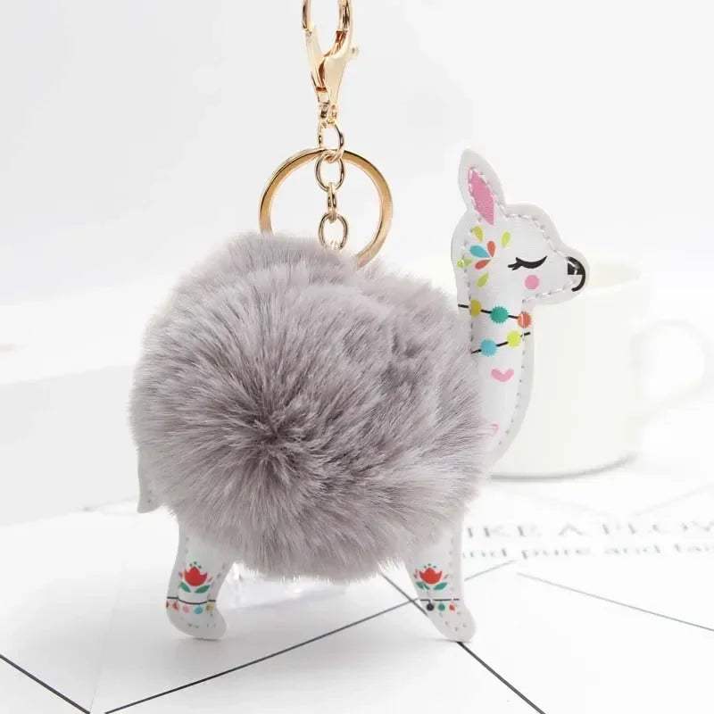 Fluffy Fur Ball Cute Alpaca Keychain Leather Animal Keyring Charm Chaveiros Artificial Rabbit Fur Pompom Key Chain Women Jewelry