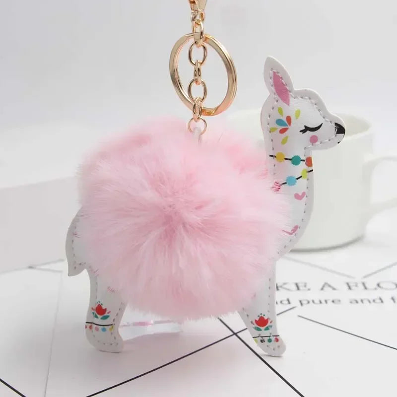 Fluffy Fur Ball Cute Alpaca Keychain Leather Animal Keyring Charm Chaveiros Artificial Rabbit Fur Pompom Key Chain Women Jewelry