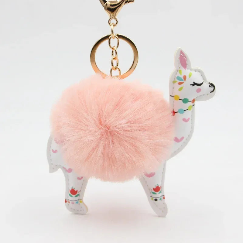 Fluffy Fur Ball Cute Alpaca Keychain Leather Animal Keyring Charm Chaveiros Artificial Rabbit Fur Pompom Key Chain Women Jewelry