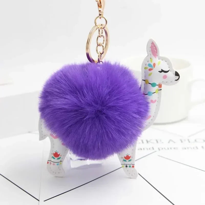 Fluffy Fur Ball Cute Alpaca Keychain Leather Animal Keyring Charm Chaveiros Artificial Rabbit Fur Pompom Key Chain Women Jewelry